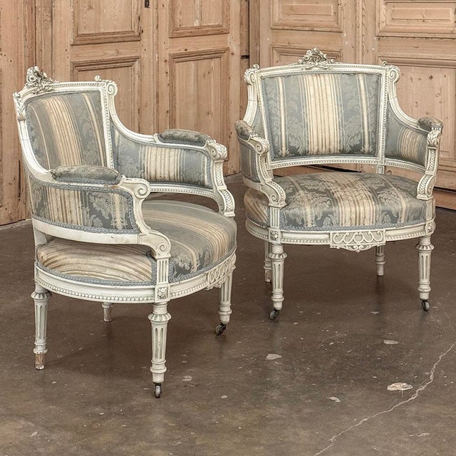 French Pair of Louis XVI Painted Bergères ~ Paris For Sale - Image 3 of 15