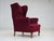1960s, Danish highback wingback armchair. Original cherry-red furniture velour, ash wood legs, springs in the seat....