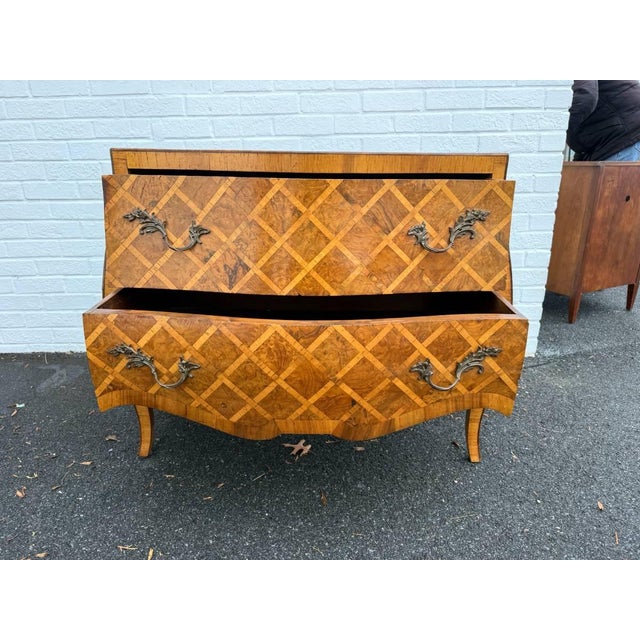 Vintage Italian Rococo Style Burl Wood Marquetry Commode With Cabriole Legs For Sale - Image 9 of 12