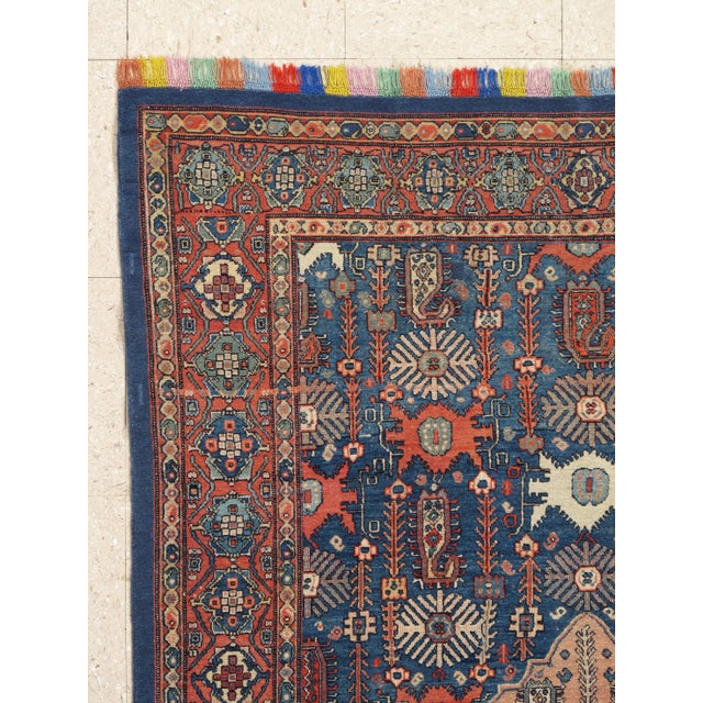 Persian Antique Senneh with Multicolored Silk Warp Handmade Ivory, Red & Light Blue Rug For Sale - Image 3 of 5