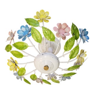 1960s Floral Tole Flush Mount Celing Light For Sale