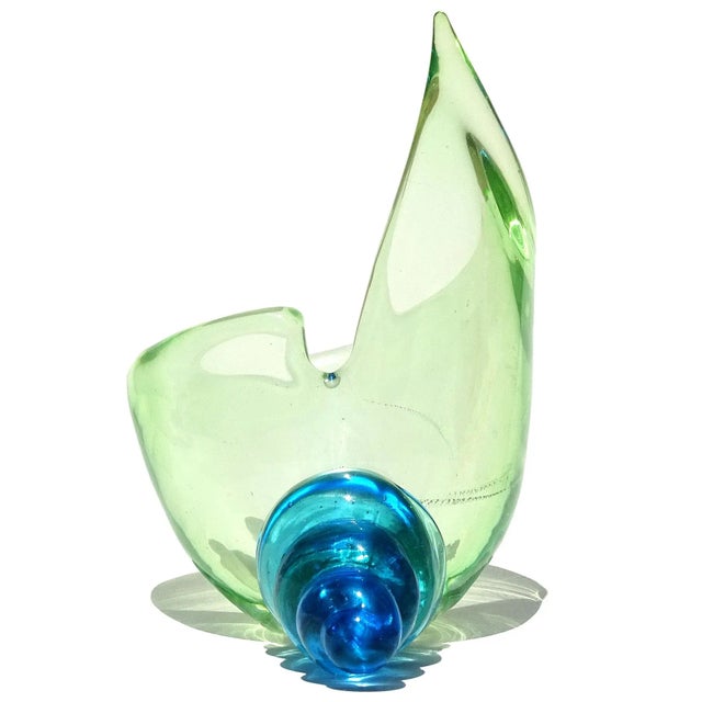 Nautical Vintage Murano Bright Green Electric Blue Italian Art Glass Mid Century Sculptural Seashell Ashtray For Sale - Image 3 of 6