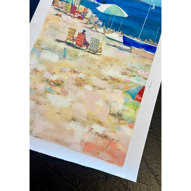 Coastal Beach Scene With Umbrellas & Boats – Original Vertical Painting by Tailroy, Unstretched (12.5" X 25") For Sale - Image 4 of 5