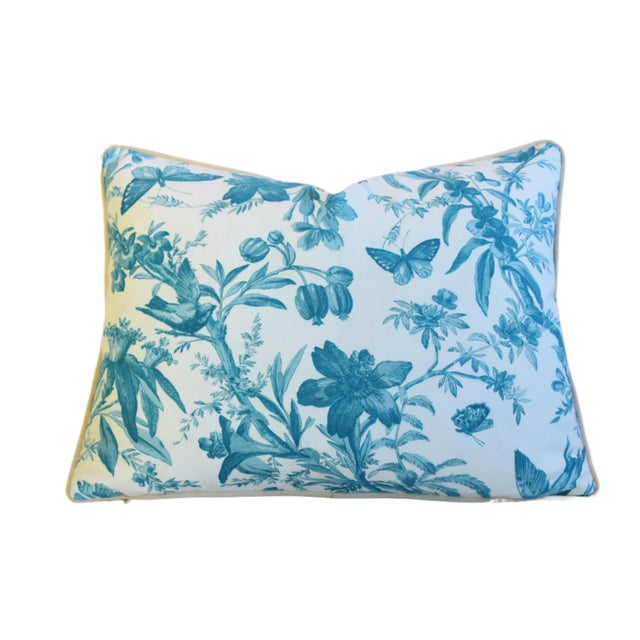 2020s P. Kaufmann Teal/Aqua Aviary Birds & Butterflies Toile Feather/Down Pillow 24" X 18" For Sale - Image 5 of 8