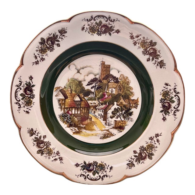 1950’s English “Ascot” Scenic Village Gold Edged Plate For Sale
