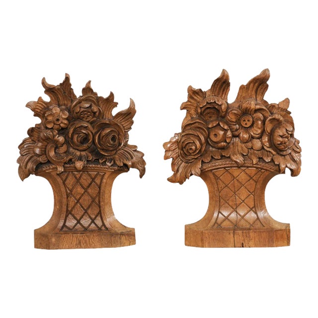 Mid 20th Century Carved-Wood Tabletop Floral Bouquets - A Pair For Sale