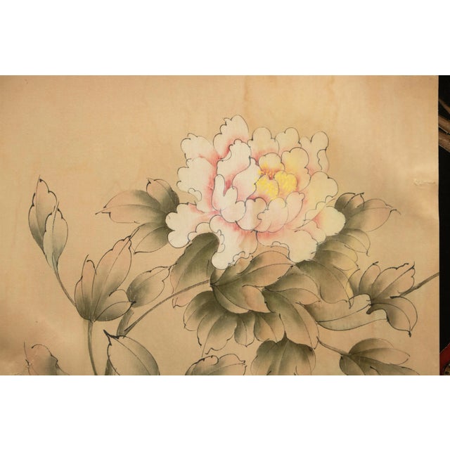 1950s C. 1950s Vintage Chinese Watercolor Scroll Painting of Peony Flower on Silk For Sale - Image 5 of 9