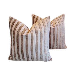 Custom Tailored French Velvet Striped Feather/Down Pillows - a Pair For Sale