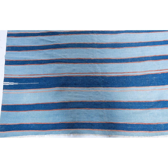 1950s Doris Leslie Blau Dhurrie Mid-Century Blue With Navy Blue Flatweave Cotton Rug For Sale - Image 5 of 8