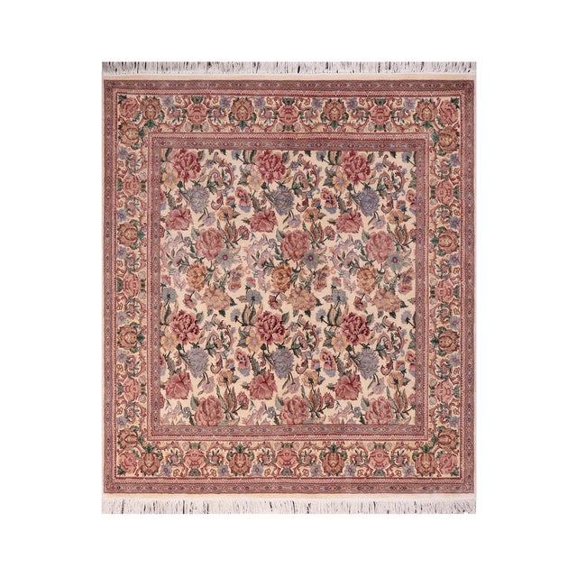 Beautiful Floral Square 1990's Pak-Persian Ivory/Ivory Wool Rug - 6'1'' X 6'2'' For Sale - Image 9 of 9
