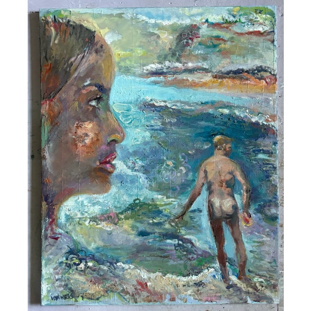 “Goodbye to Love”, Original Oil Painting, by Van Ness A young woman watches as her first love walks away along the beach....