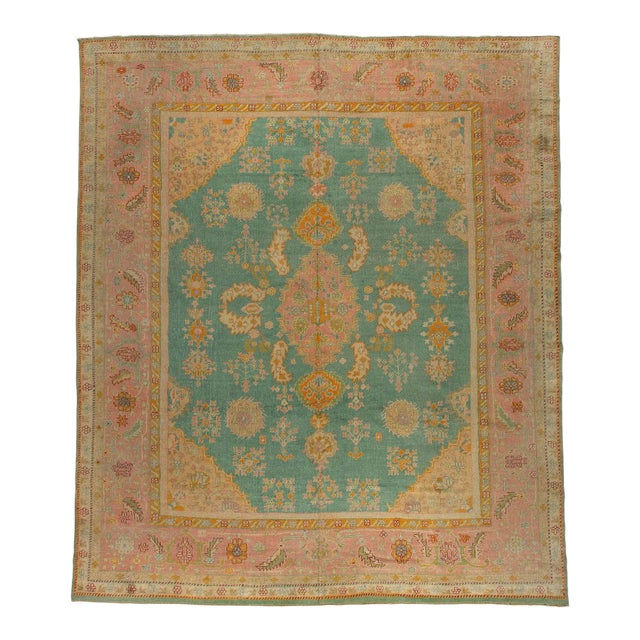Turquoise Antique Turkish Oushak, 13'4'' X 15'8'' For Sale
