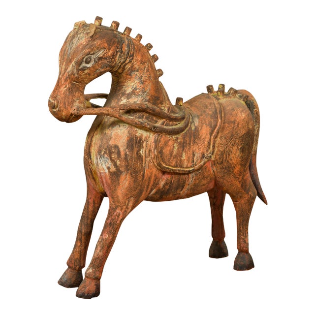 Mid 20th Century Small Vintage Indian Exterior Rust Colored and Carved Wooden Horse from Madras For Sale