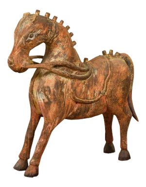 Mid 20th Century Small Vintage Indian Exterior Rust Colored and Carved Wooden Horse from Madras