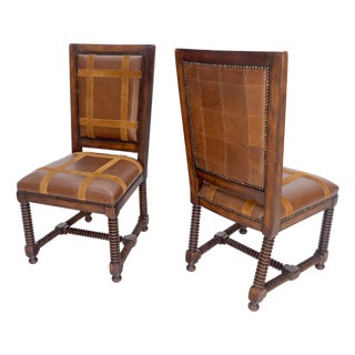 Pair of Turned Legs & Stretchers Large Leather Upholstery Side Chairs MINT! For Sale