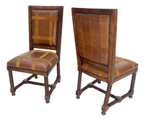 Pair of Turned Legs & Stretchers Large Leather Upholstery Side Chairs MINT!