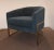 Stylish Mod Barrel Back Teal Club Chairs Pair, performance fabric, satin brass finished metal frames, showroom floor samples