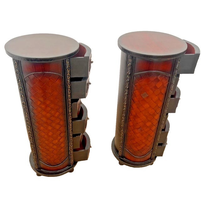 1980s Vintage Pair Round Nightstands Chest of Drawers Carved Six Felt Lined Drawers For Sale - Image 4 of 11