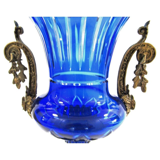 Pair Antique Cobalt Blue Glass Vases With Ornate Bronze Rim, Handles and Mount For Sale In Miami - Image 6 of 18