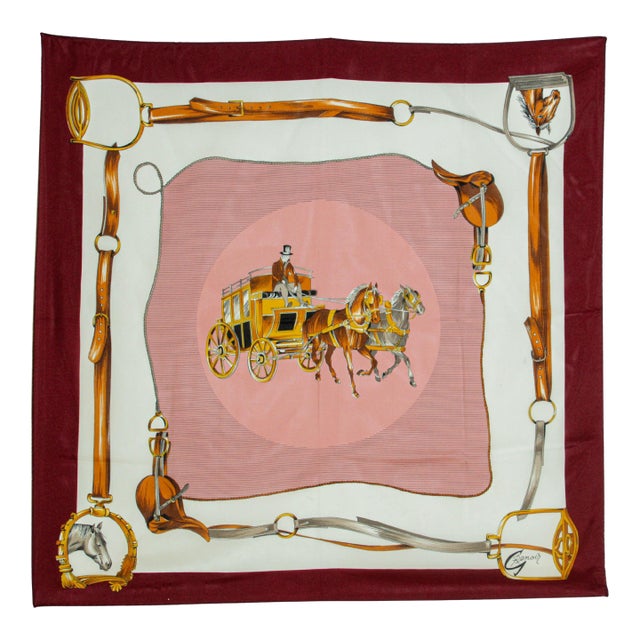 Vintage Pink Scarf with Equestrian Royal Horse Carriages Motif For Sale