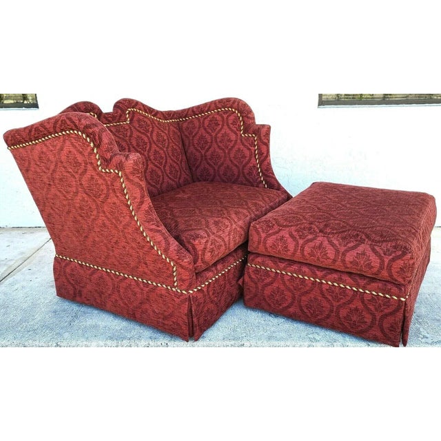 Oversized Marge Carson Damask Wingback Chair Settee & Ottoman For Sale - Image 9 of 9
