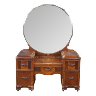 Antique Art Deco Waterfall Walnut Vanity Dressing Table W Round Mirror 68" For Sale