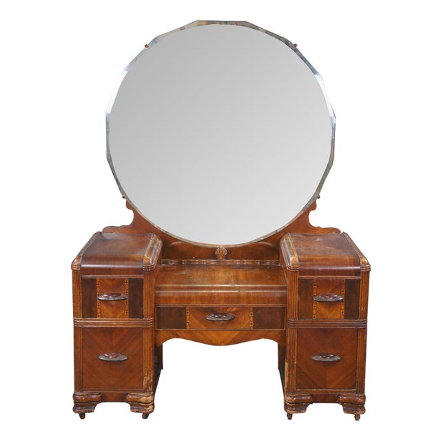 Antique Art Deco Waterfall Walnut Vanity Dressing Table W Round Mirror 68" For Sale