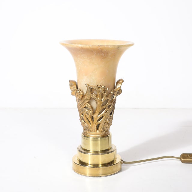 1930s Art Deco Gilt Bronze & Alabaster Table Lamps on Polished Brass Bases - a Pair For Sale - Image 12 of 14