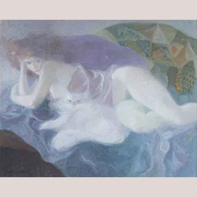 Emilia Castañeda Martínez, Female Figure with Cat, 1970s, Oil on Canvas For Sale - Image 9 of 9