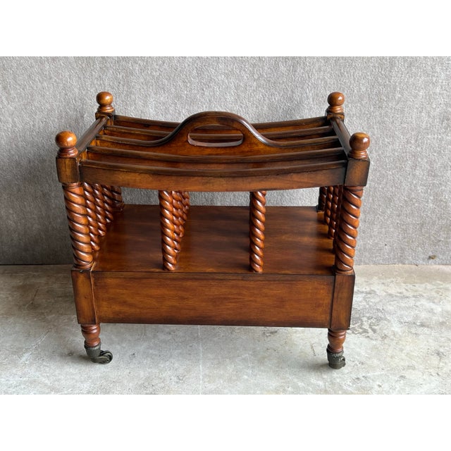 Vintage English Canterbury Barley Twist Wooden Magazine Rack on Metal Casters For Sale In Washington DC - Image 6 of 12