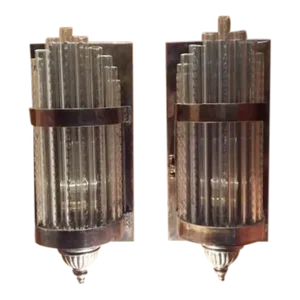 Vintage Art Deco Skyscraper Rod Ship Wall Sconces Fixture in Brass & Glass - a Pair