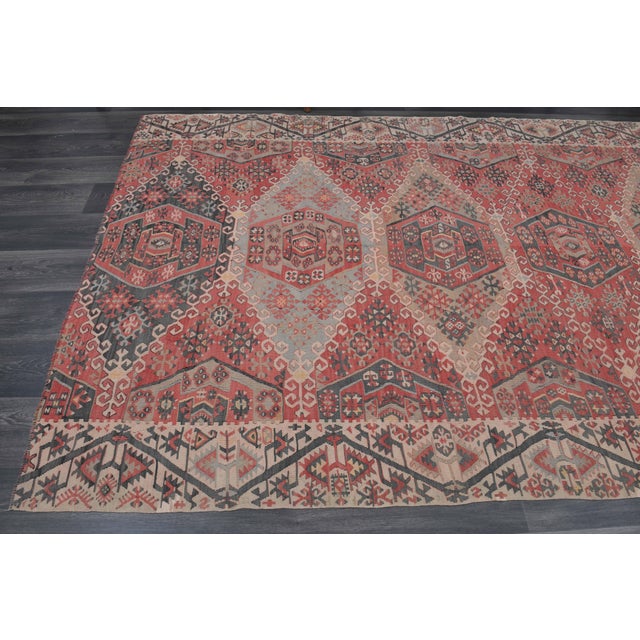 1970s 1970s Vintage Handmade Wool Cotton Red Area Rug For Sale - Image 5 of 11