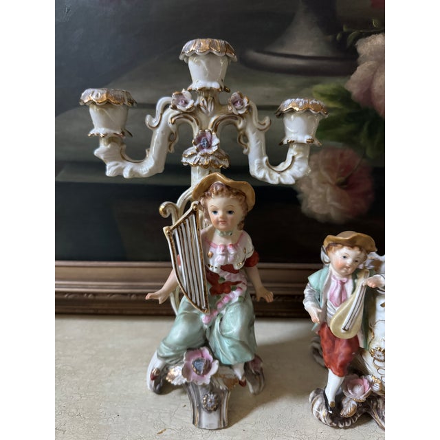 Vintage Rococo Revival Porcelain Musician Jardinière & Candelabrum — Set of 2 For Sale - Image 10 of 10