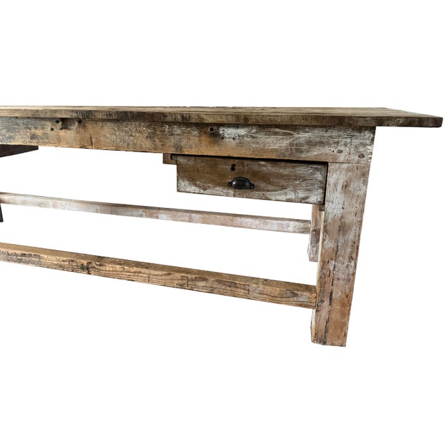 1920s Exceptional 9 Ft Antique French Primitive 2-Drawer Work Table For Sale - Image 5 of 16