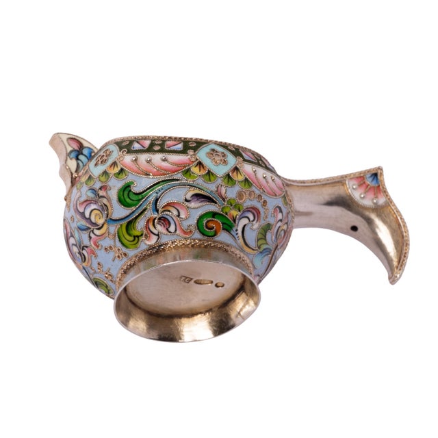 Antique Imperial Russian Solid Silver Gilt Cloisonne Enamel Kovsh Moscow 1908 For Sale - Image 11 of 11
