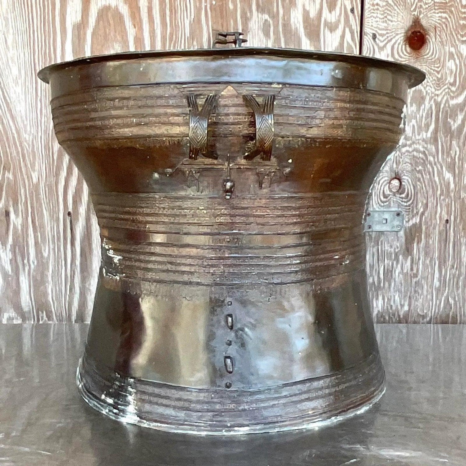 Mid 20th Century Vintage Boho Burmese Bronze Rain Drum - Side view