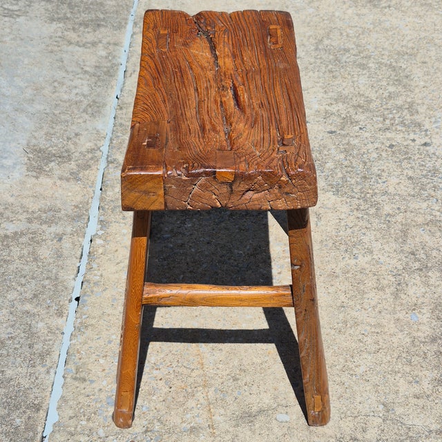 Vintage Rustic Asian Hand-Hewn Elm Wood Saddle Seat Low Stool For Sale In Washington DC - Image 6 of 10