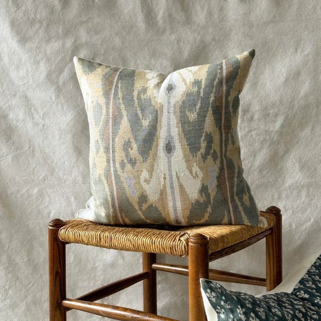 Ikat Raw Silk Square Decorative Pillow in Green, Tan For Sale - Image 4 of 5