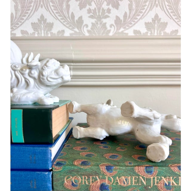 Mid 20th Century Pair of White Porcelain Foo Dogs / Blanc De Chine Guardian Lions For Sale - Image 4 of 6