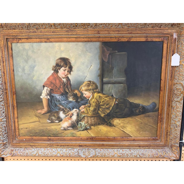 Large Vintage Framed Oil on Canvas ‘FEEDING THE RABBITS’ By S Renolds Genuine oil, Painting large 33x46 This large vintage...