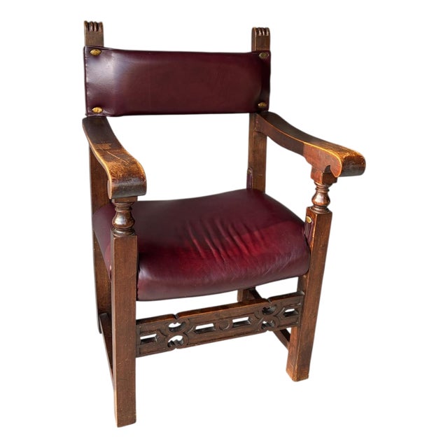 Rare Antique Spanish Revival / Gothic Oak Armchair in Oxblood Leather & Bronze Accents For Sale