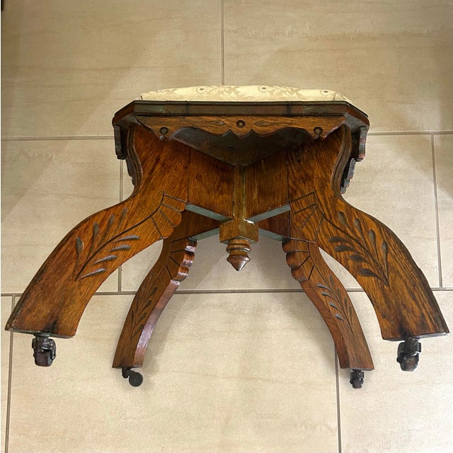 Wood Antique, Oak With Spoon-Carvings, Victorian-Era or Eastlake Style Foot/Vanity Stool, Cabriole Legs, Centralized Drop-Pendant Under Seat, Circa 1890’s For Sale - Image 7 of 10