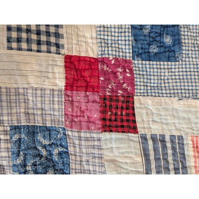 White Hand-Stitched American Folk Art Nine Patch Pattern Quilt For Sale - Image 8 of 10