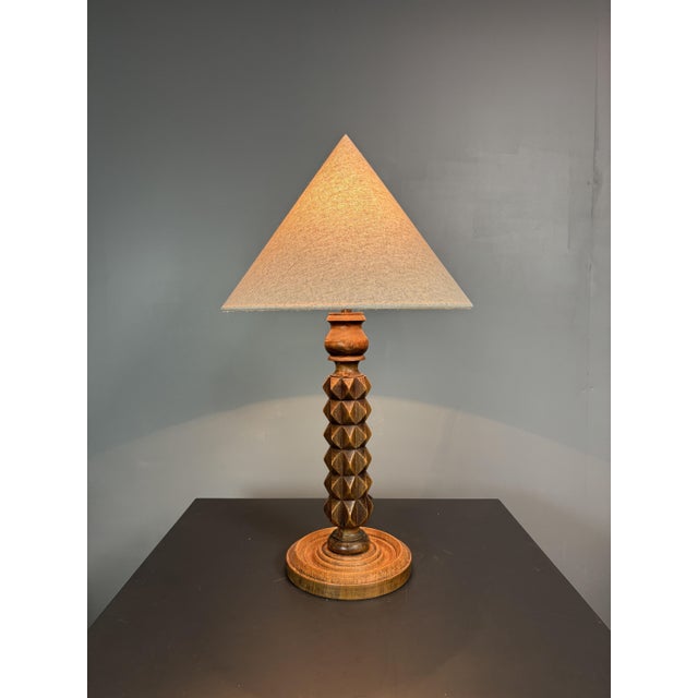 A gorgeous French modernist table lamp with new pyramid lampshade, ca 1940s-1950s. These lamps are often named in the...
