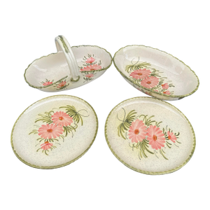 Vintage Floral Serving Bowl & Plates - Signed Set of 4