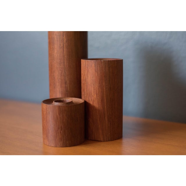 Set of Three Sculptural Teak Mid Century Modern Candlestick Holders For Sale - Image 4 of 7