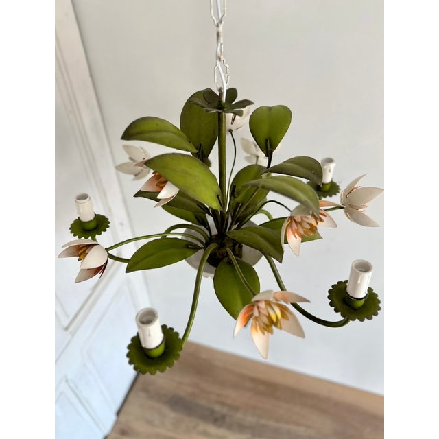 Vintage French Painted Tole 5-Light Water Lily Chandelier, 1960s For Sale - Image 11 of 18