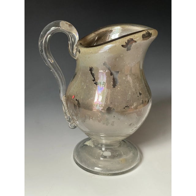 Rare Antique Mercury Glass Pitcher New England / Boston Sandwich Applied Handle For Sale - Image 4 of 11