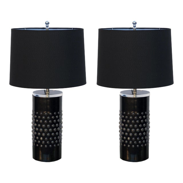 Textured Glass Cylinder Lamps with Custom Shades - A Pair For Sale