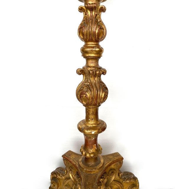 Large Spanish Baroque Giltwood and Marble Torchiere Two-Light Floor Lamp For Sale In Denver - Image 6 of 17